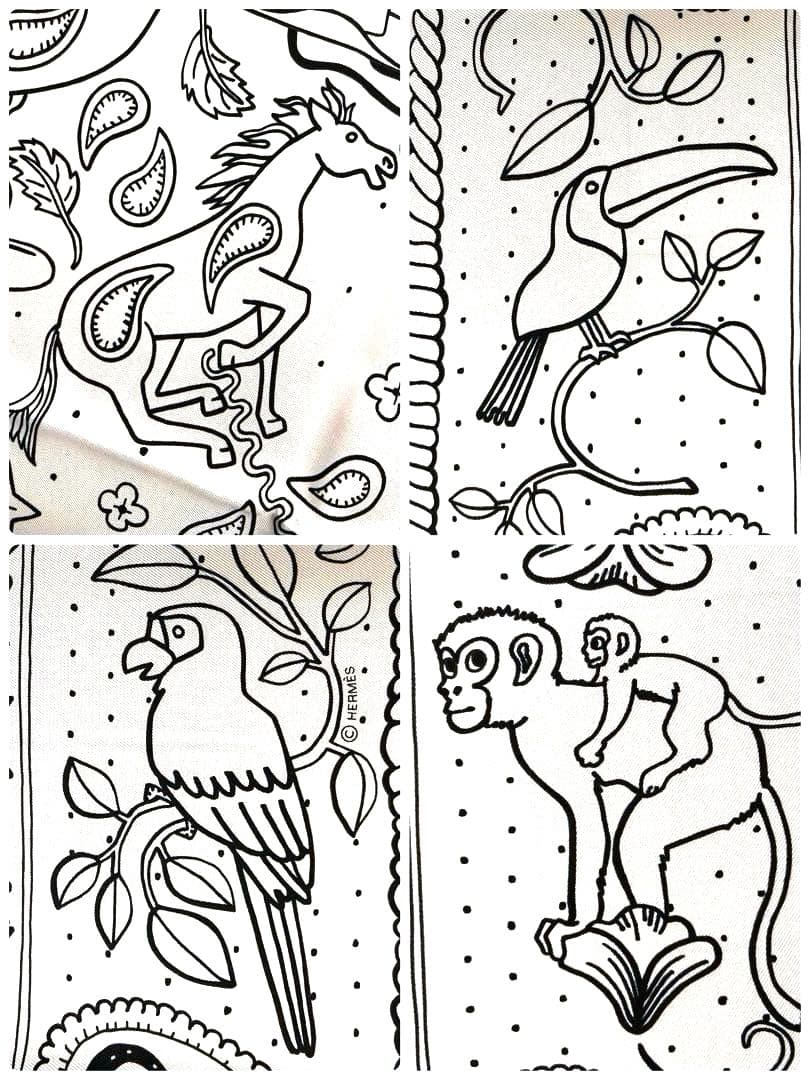 新品未使用 エルメス シルクスカーフ バンダナ カレ55 アニマルバンダナ 白黒