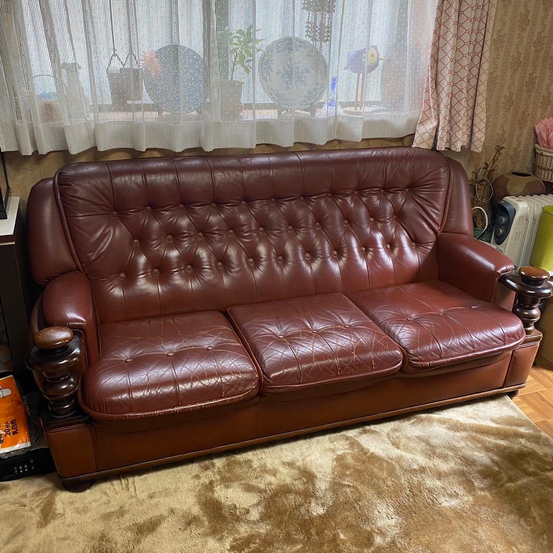 【現地直接引取】3人掛けレザーソファ｜1人掛けソファ×2脚 アンティーク調