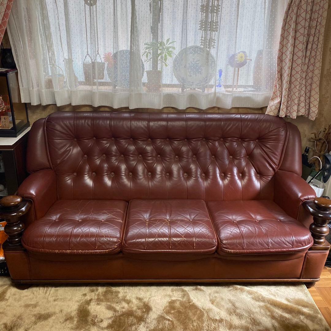 【現地直接引取】3人掛けレザーソファ｜1人掛けソファ×2脚 アンティーク調