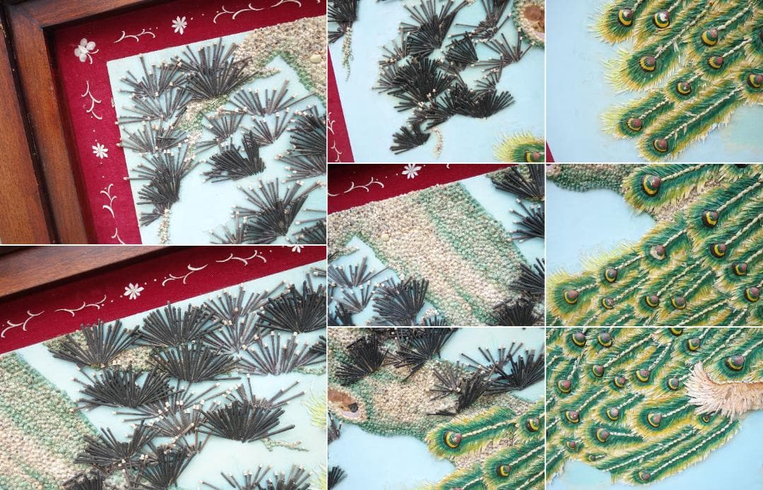 K▼衝立 虎 孔雀 唐木 紫檀 中国 螺鈿 石 貝 翡翠 (30625)