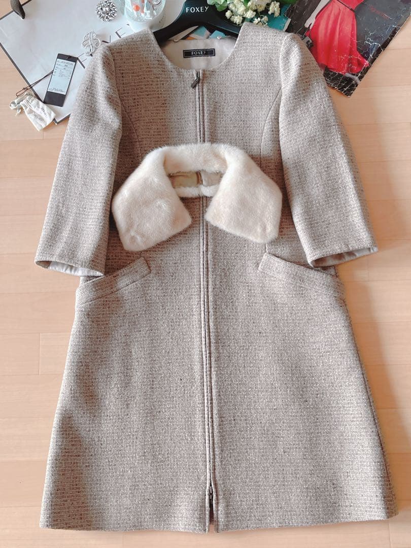 新品未使用！FOXEYミンク襟ツイードロングコート 40 Rene foxey