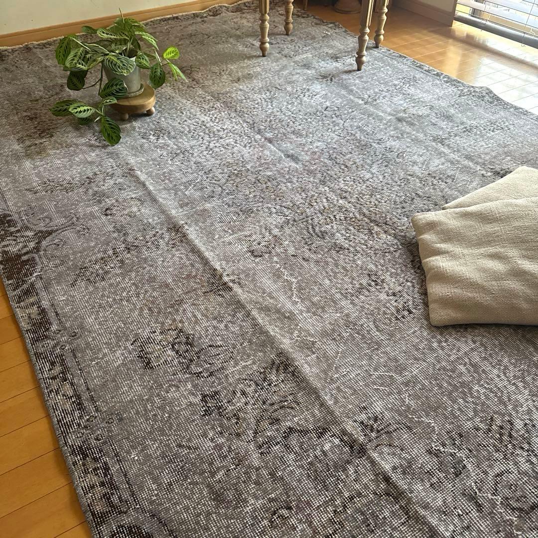 超大判182×293 貴重グレイオーバーダイ　メダリオン　トルコヴィンテージラグ