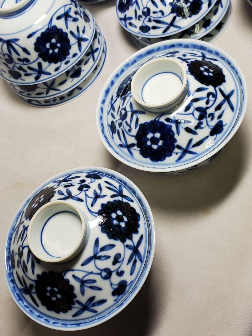 保管品　レトロ　渋草芳国舎　染付菊華紋飯茶碗　蓋付　十客　元木箱入