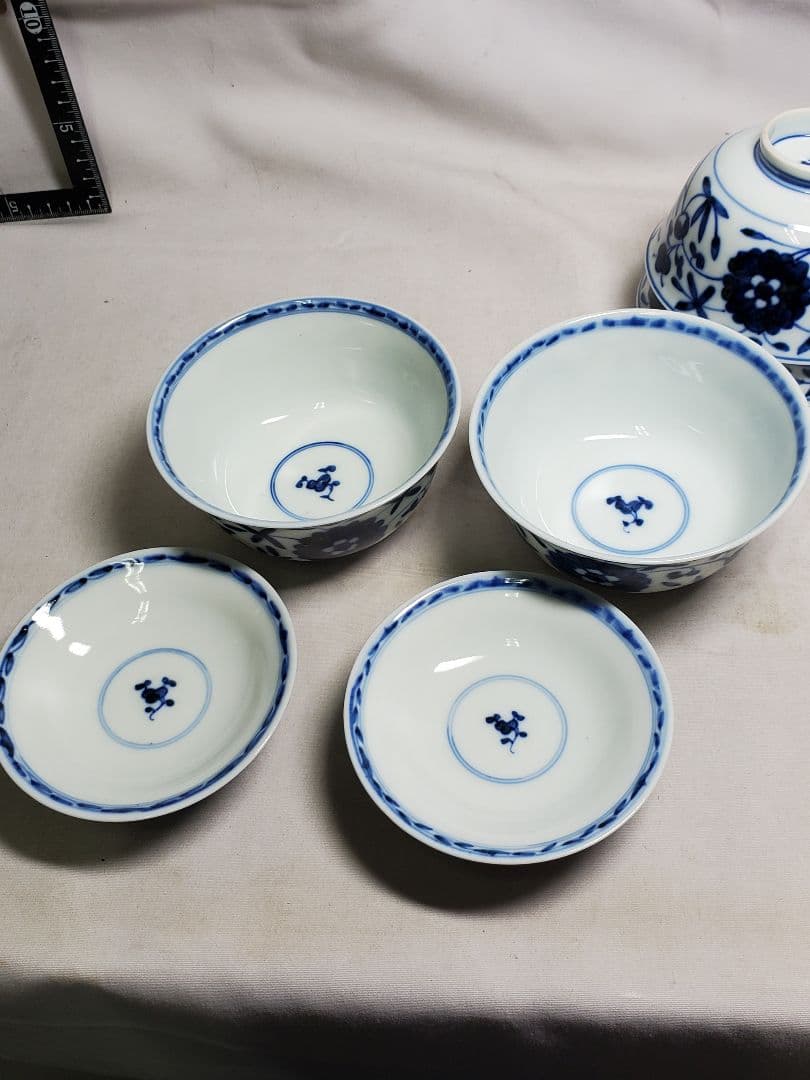 保管品　レトロ　渋草芳国舎　染付菊華紋飯茶碗　蓋付　十客　元木箱入