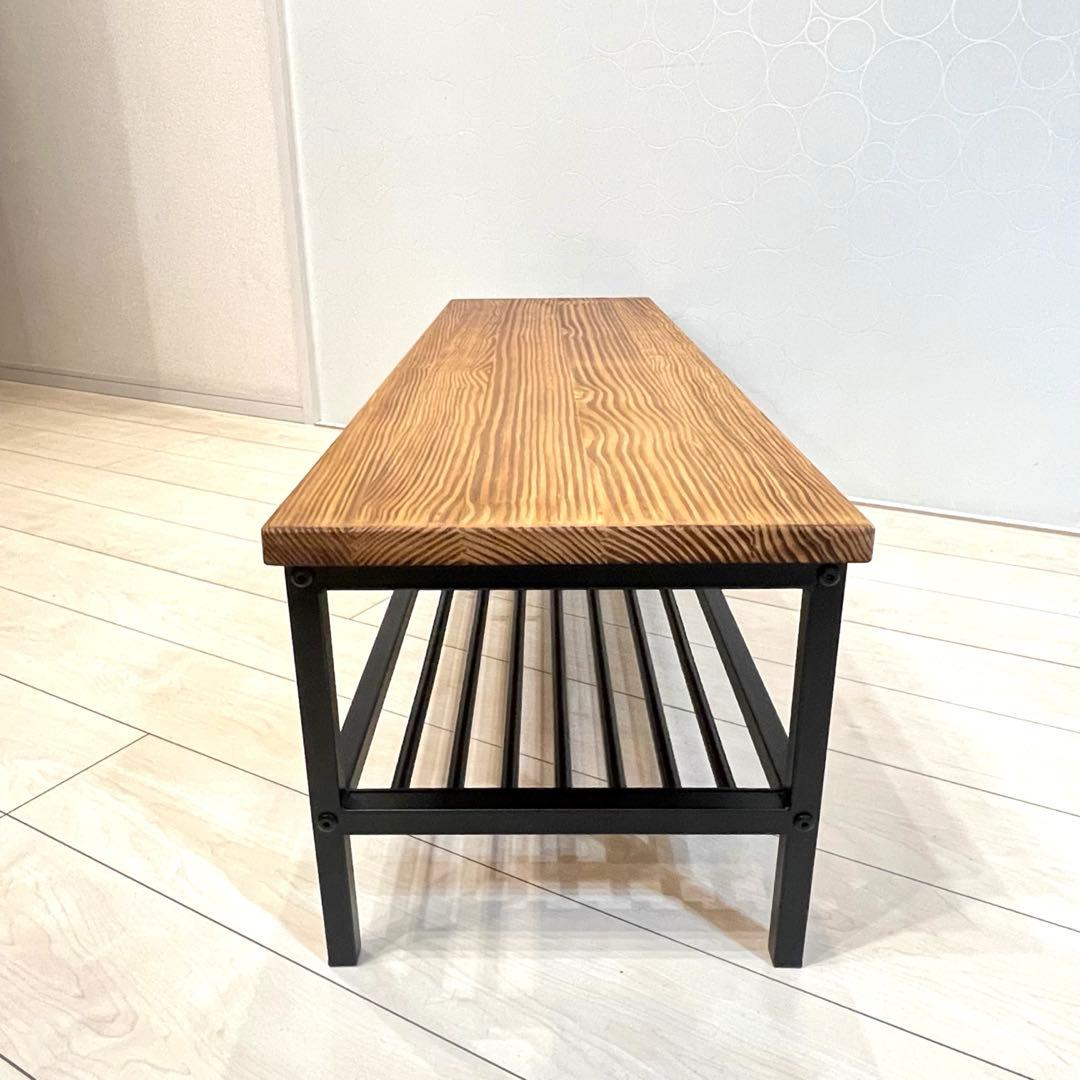 【美品】天然木×アイアン ローボード テーブル 下段ラック付 インダストリアル