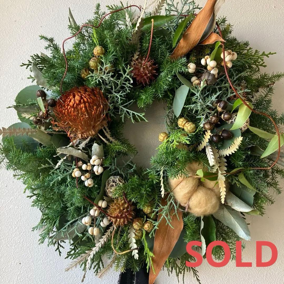 30㎝　ドライアンドラとコットンの大人ブラウンクリスマスリース　グレビレア