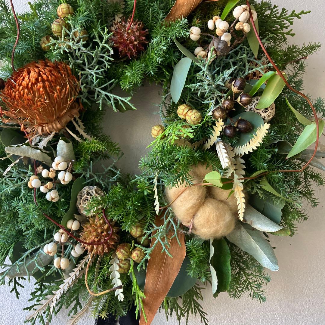 30㎝　ドライアンドラとコットンの大人ブラウンクリスマスリース　グレビレア