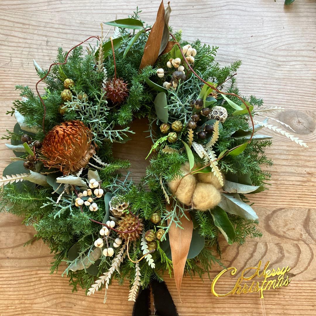 30㎝　ドライアンドラとコットンの大人ブラウンクリスマスリース　グレビレア