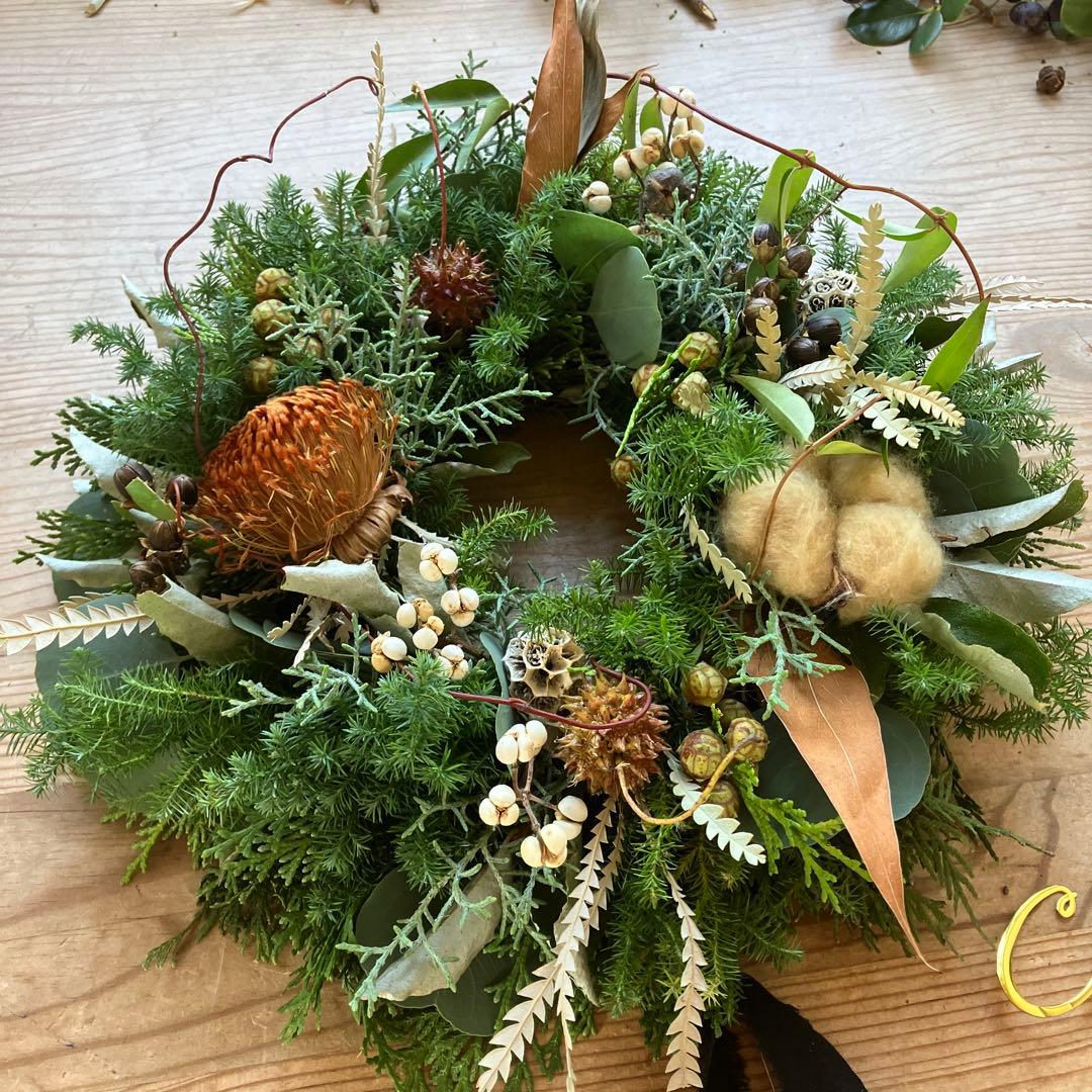 30㎝　ドライアンドラとコットンの大人ブラウンクリスマスリース　グレビレア