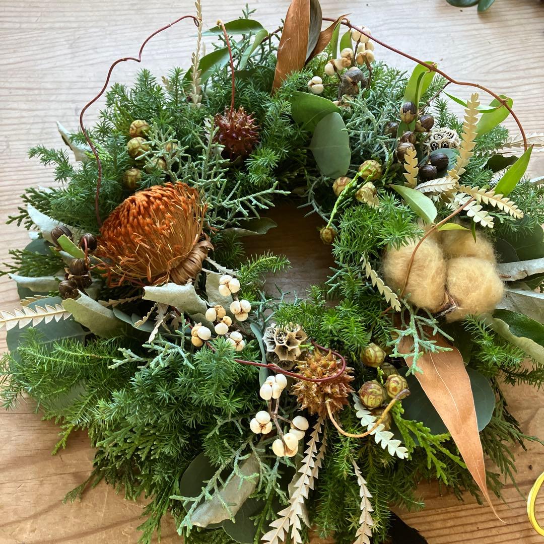 30㎝　ドライアンドラとコットンの大人ブラウンクリスマスリース　グレビレア