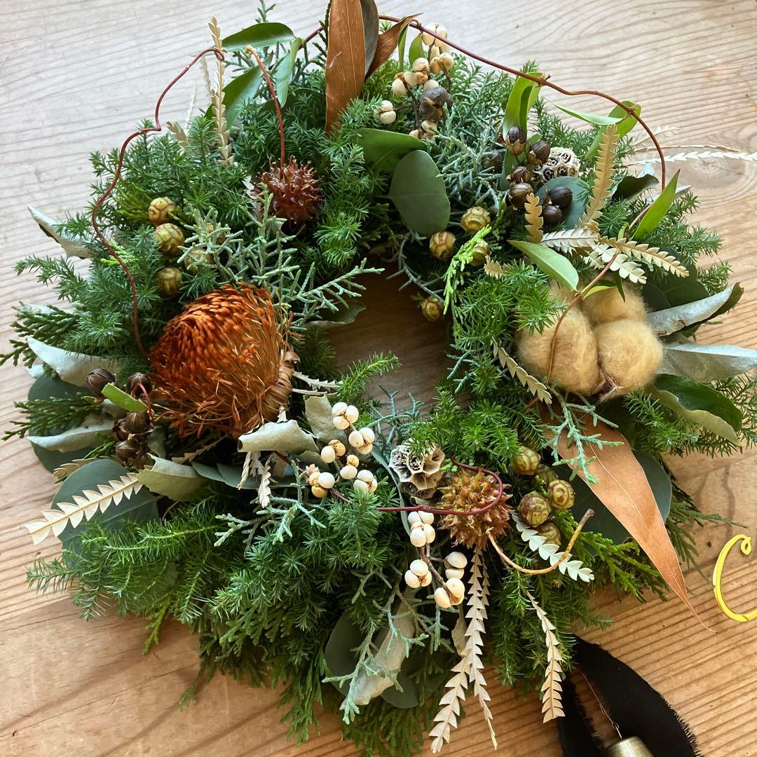 30㎝　ドライアンドラとコットンの大人ブラウンクリスマスリース　グレビレア