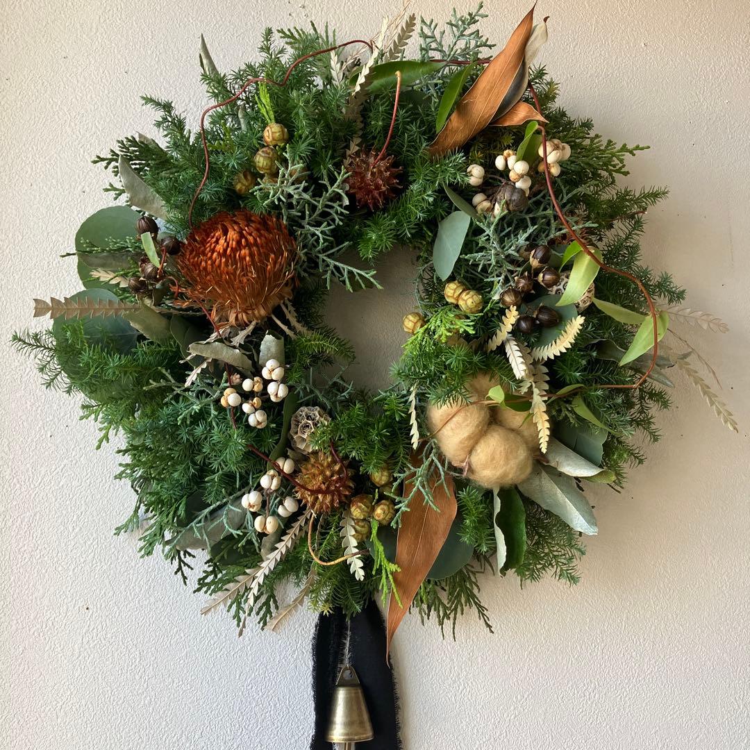 30㎝　ドライアンドラとコットンの大人ブラウンクリスマスリース　グレビレア