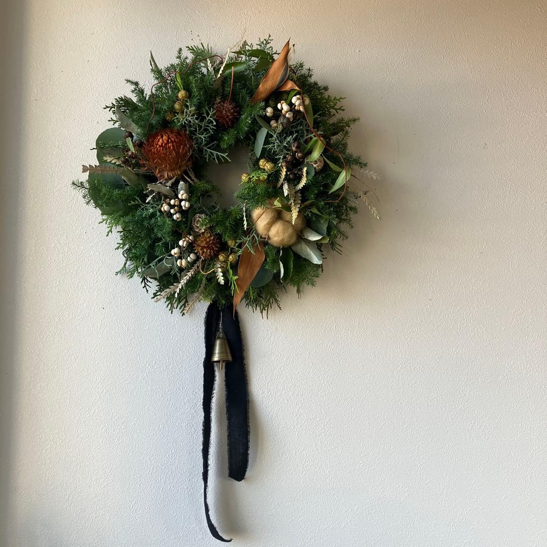 30㎝　ドライアンドラとコットンの大人ブラウンクリスマスリース　グレビレア