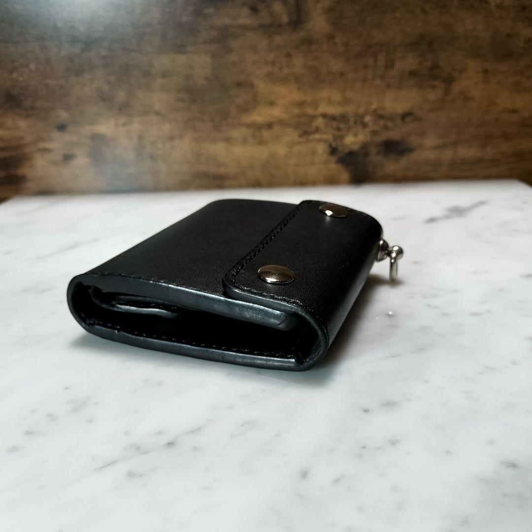 三つ折りトラッカーウォレット　栃木レザー　オイルレザー　黒　ハンドメイド
