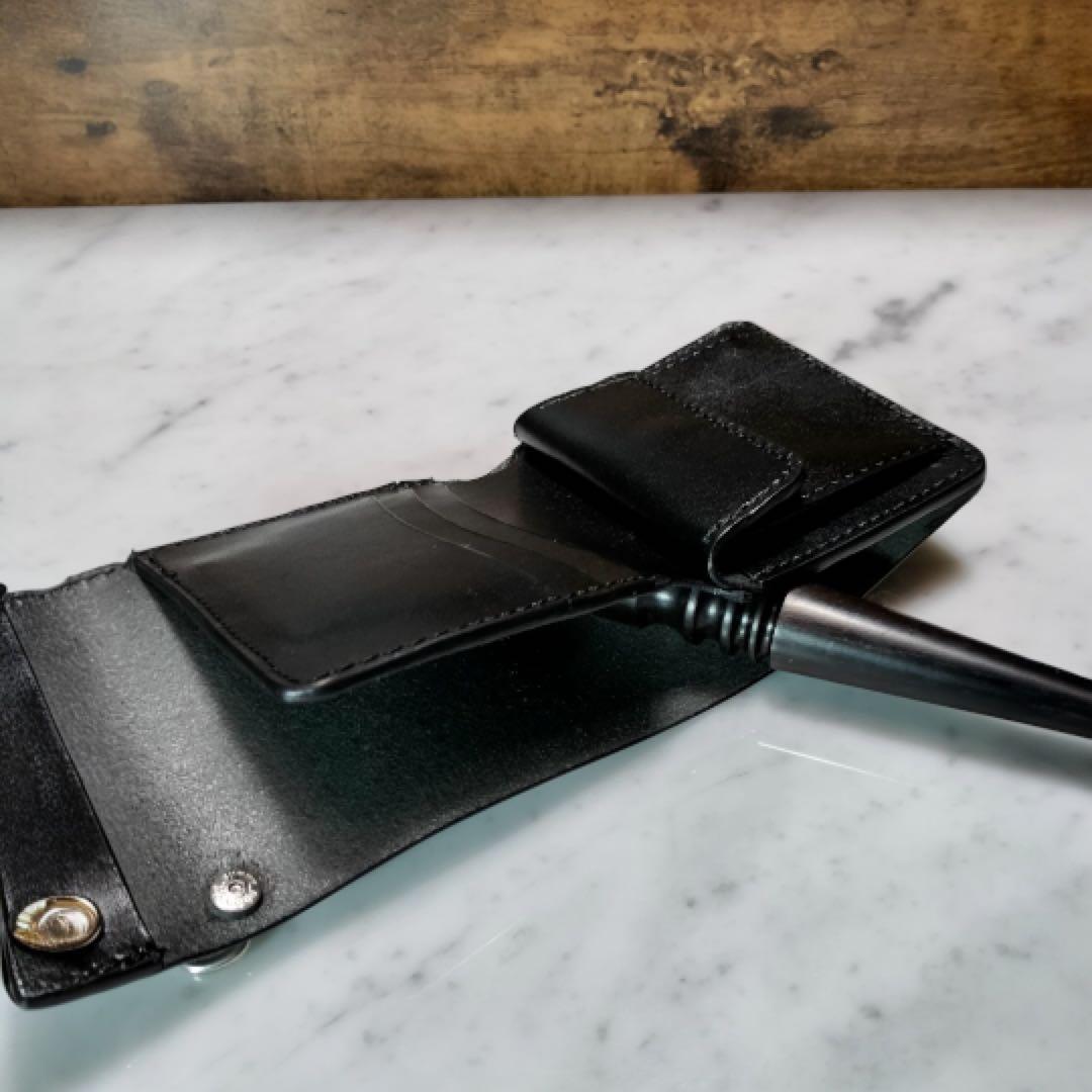三つ折りトラッカーウォレット　栃木レザー　オイルレザー　黒　ハンドメイド