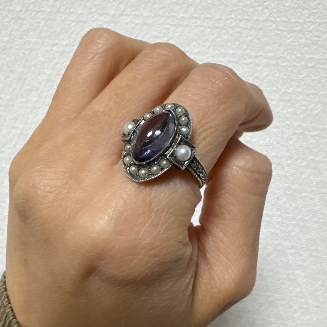 合成サファイアとベビーパールのヴィンテージリング