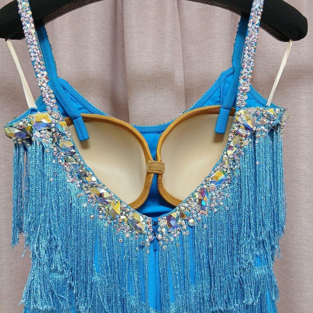 水色フリンジドレス 社交ダンスラテン衣装Mサイズ　手首、ネック付き