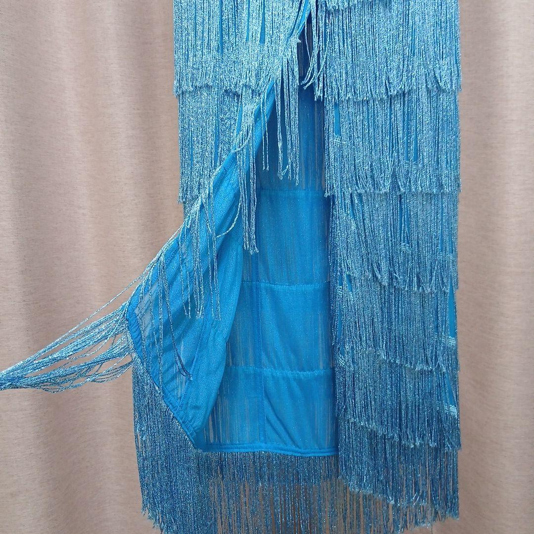 水色フリンジドレス 社交ダンスラテン衣装Mサイズ　手首、ネック付き