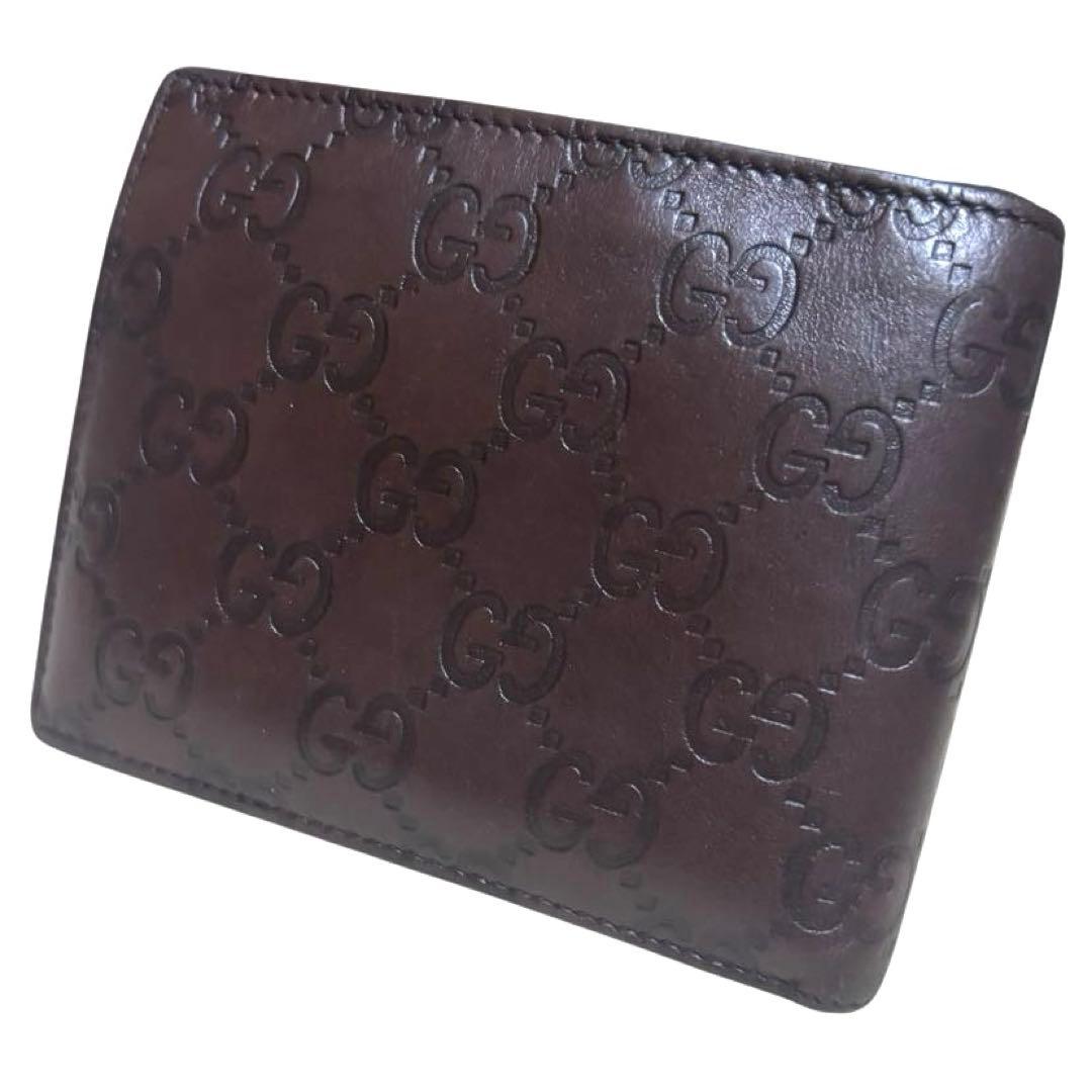 人気　グッチ　折り財布　GGシマ　レザー　ダークブラウン　フラップ　GG柄