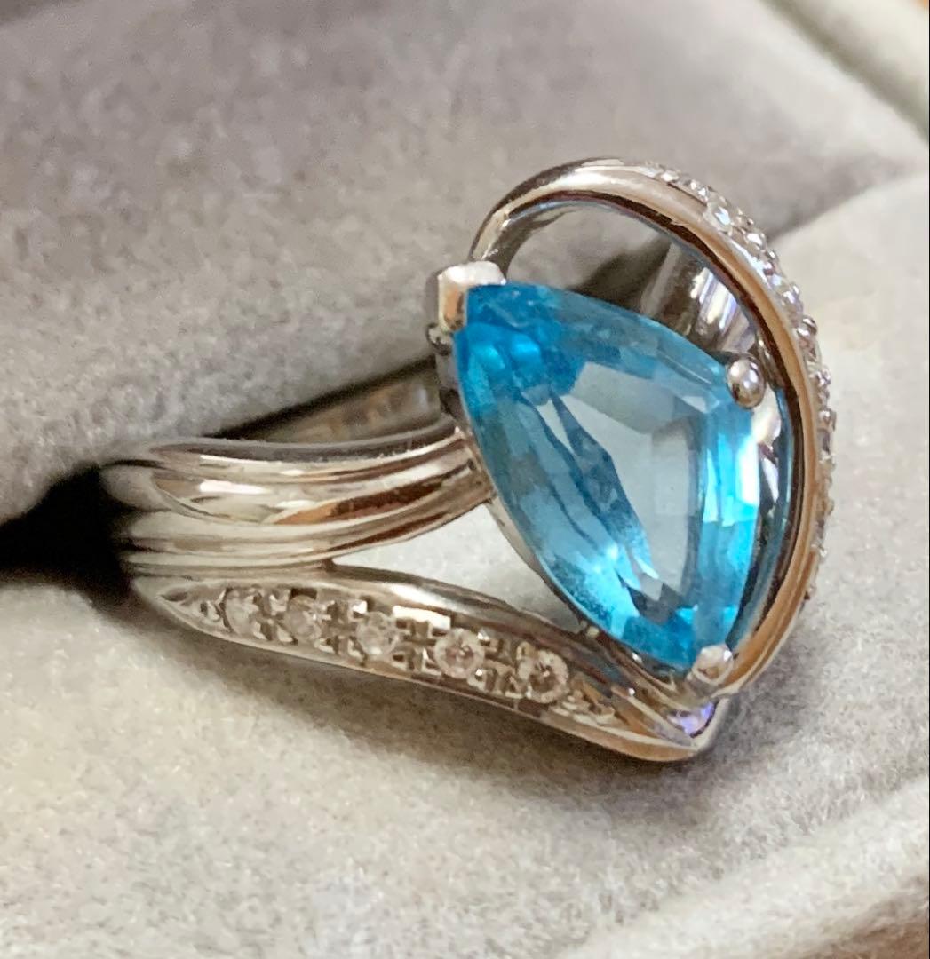 【鑑別書付】Pt900 大粒ブルートパーズ 2.81ct ダイヤモンド脇石リング