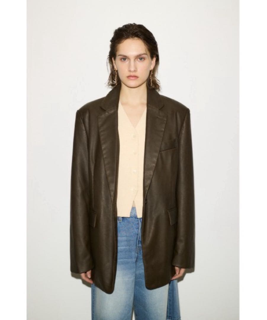 ダークブラウン フェイクレザー ボキシー ジャケット