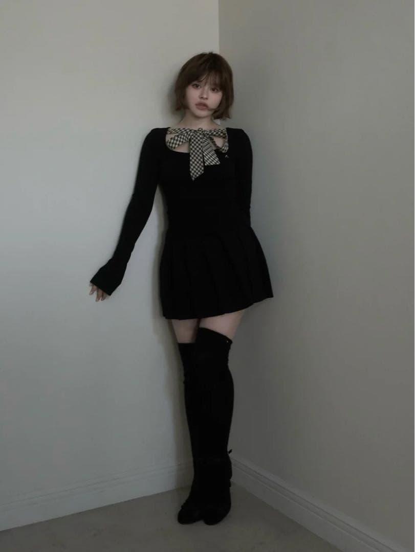 即日発送❣️ andmary Ami ribbon check tops ブラック