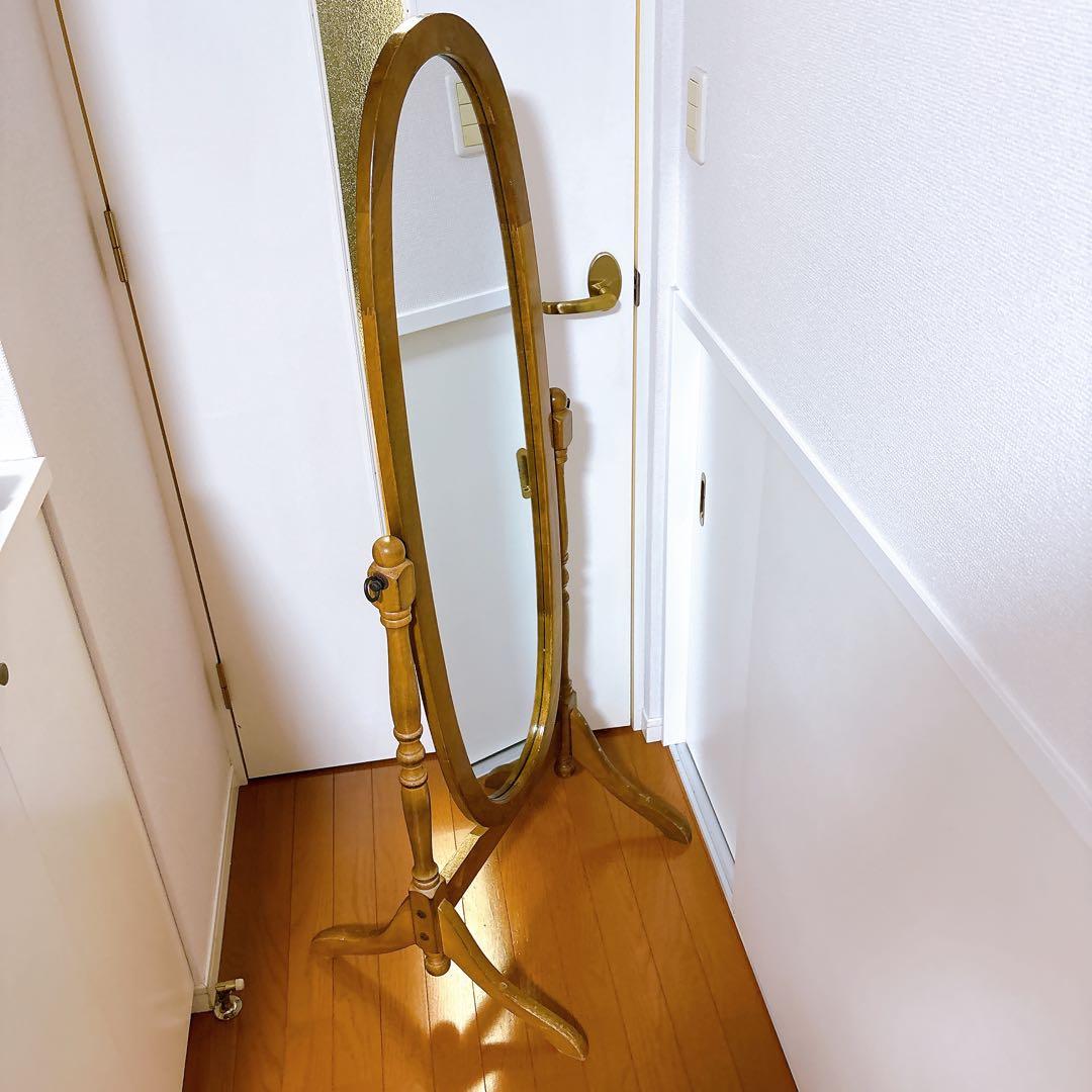 アンティーク　木製　全身鏡　スタンドミラー　ヴィンテージ　オーバル　姿見