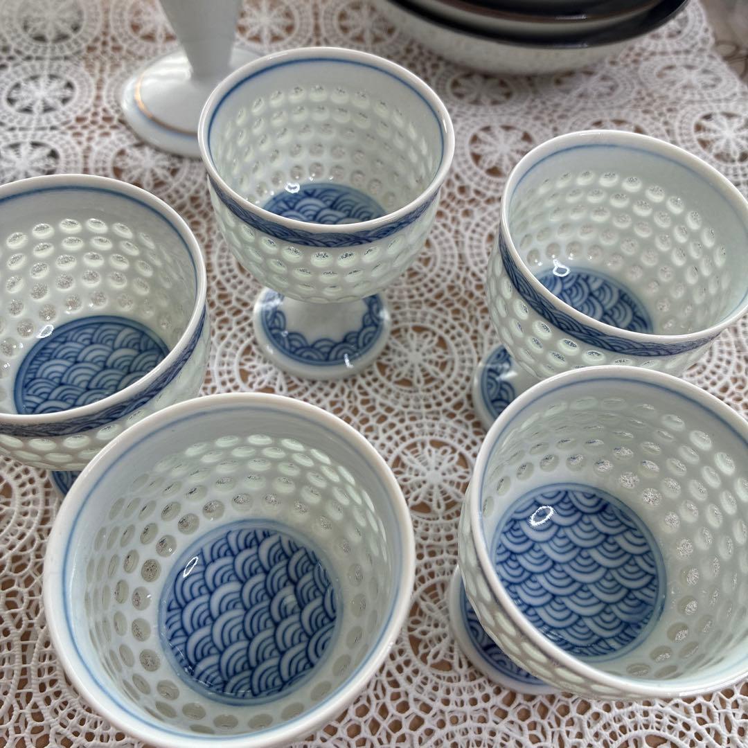 丹心窯　水晶青海波　盃5個セット