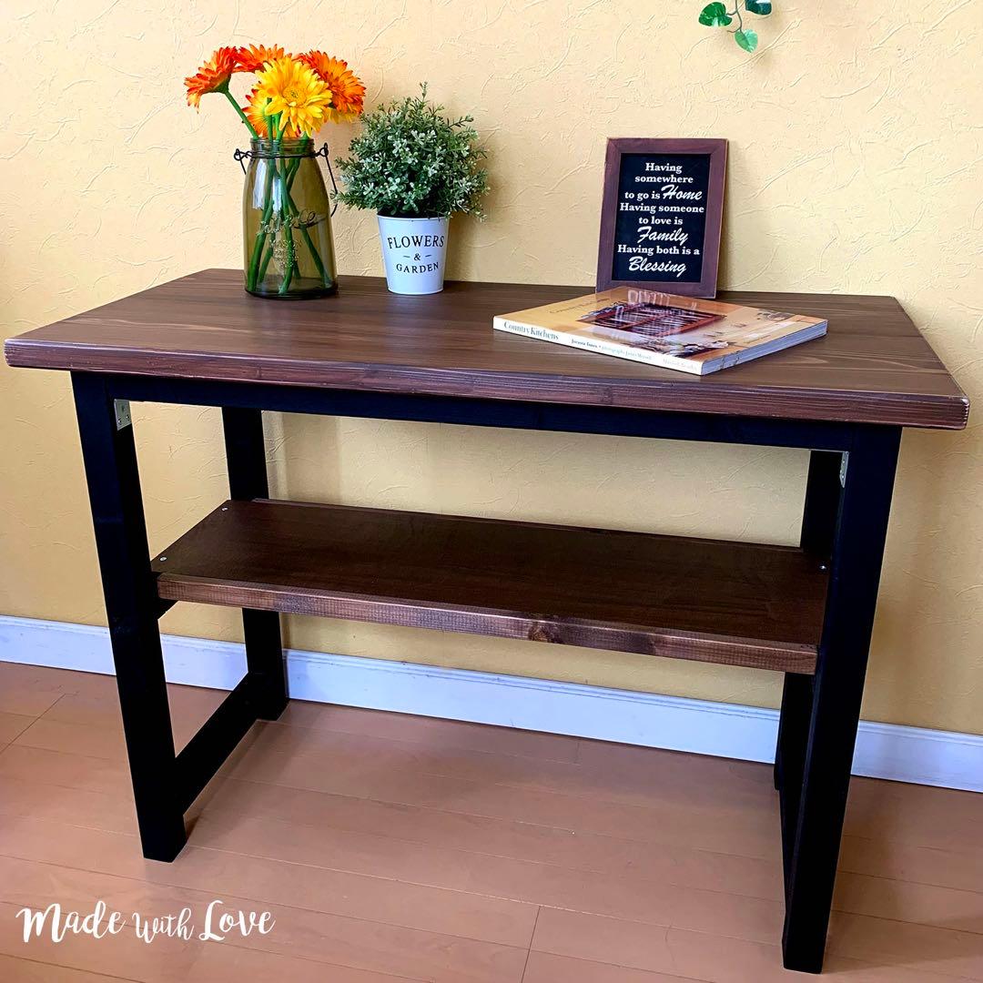 【2色の木製テーブル/棚付き】コンソール/店舗ディスプレイ/カフェ(組み立て式)