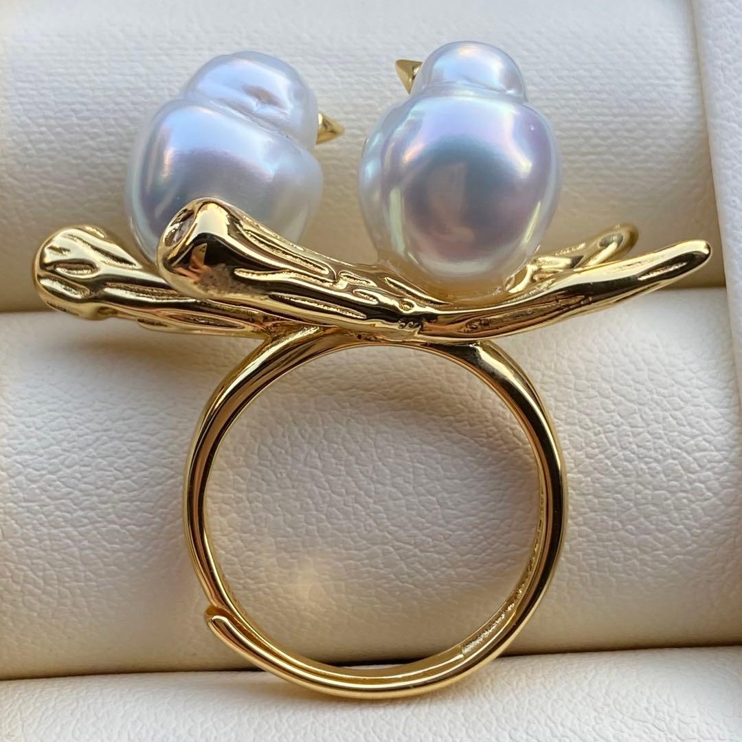 本真珠　南洋白蝶真珠ダブルリング「鳥と枝」　13.2mmホワイトL1257