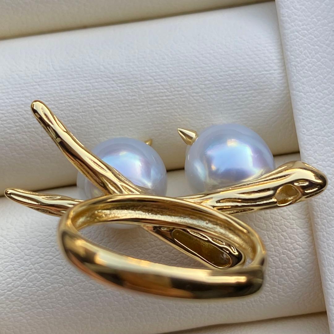 本真珠　南洋白蝶真珠ダブルリング「鳥と枝」　13.2mmホワイトL1257