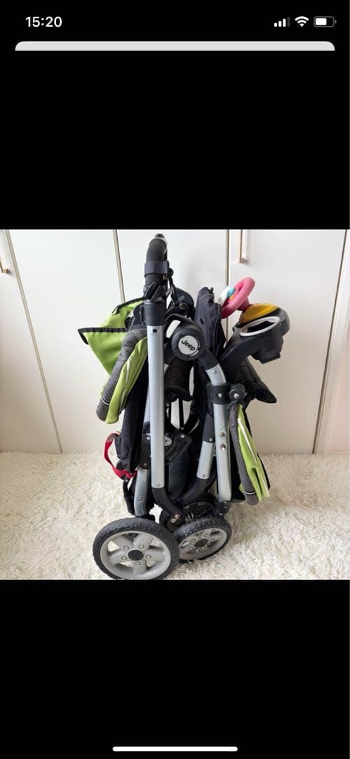 Jeep 2人乗りベビーカー 緑色 ハンドル、カップホルダー付き