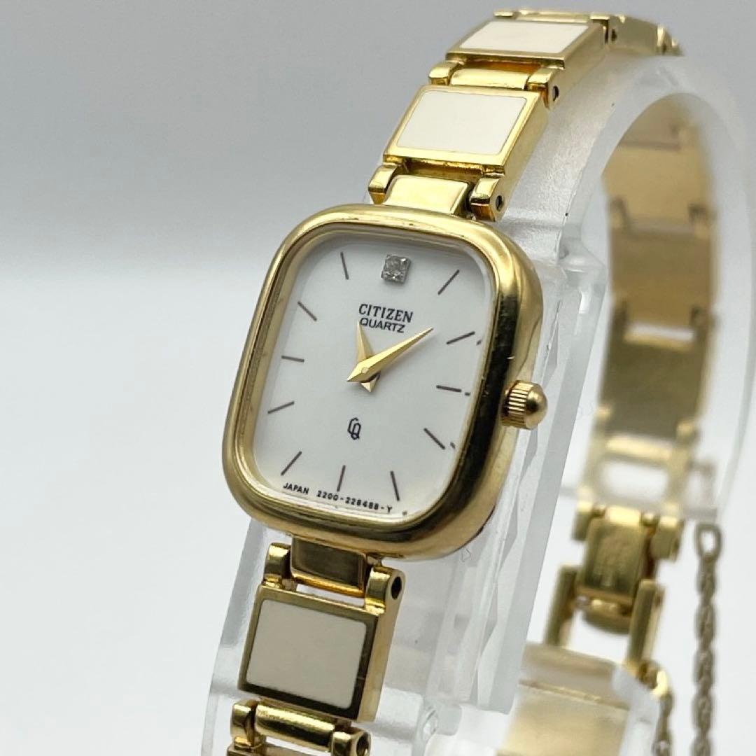 シチズン 1Pダイヤ レディース腕時計 クォーツ ゴールド スクエア 稼働品