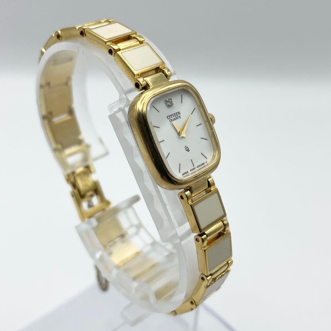 シチズン 1Pダイヤ レディース腕時計 クォーツ ゴールド スクエア 稼働品