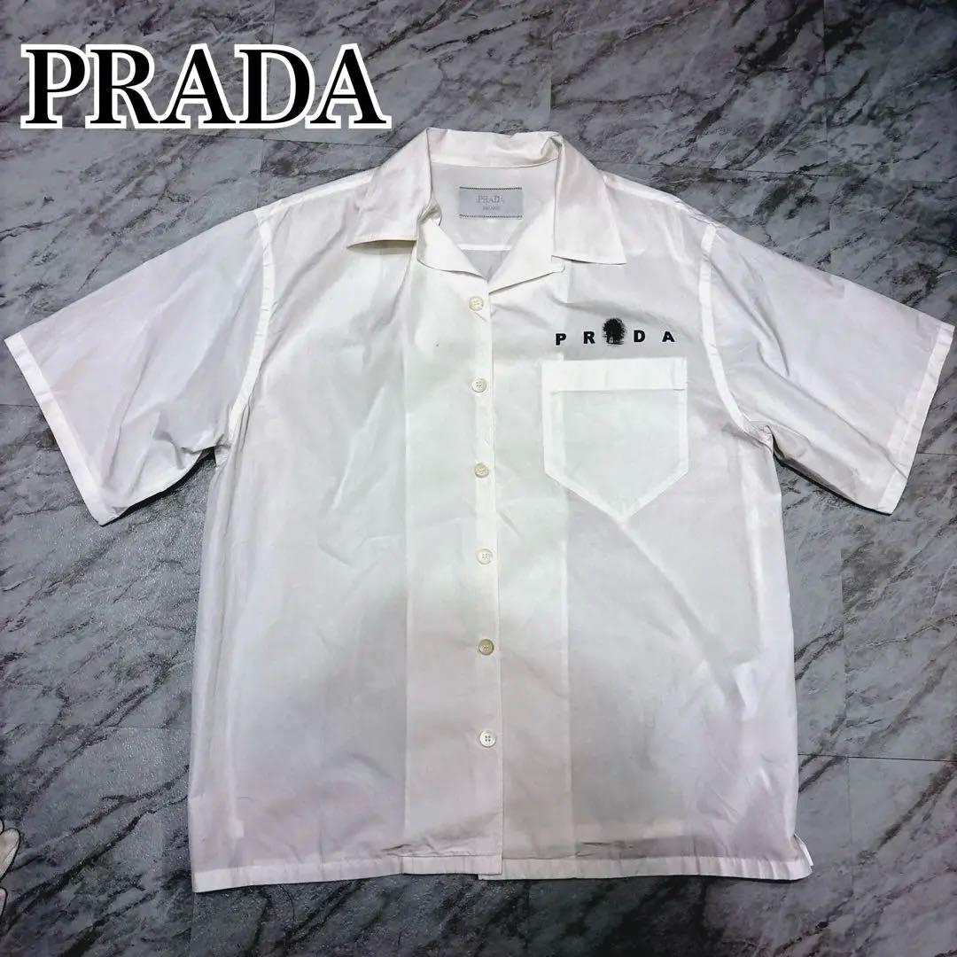 PRADA 2022ss コットン　プリントシャツ 36 白　半袖　Lサイズ