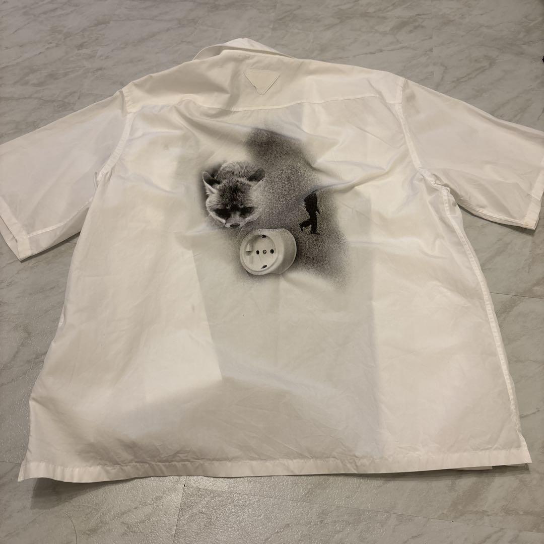 PRADA 2022ss コットン　プリントシャツ 36 白　半袖　Lサイズ