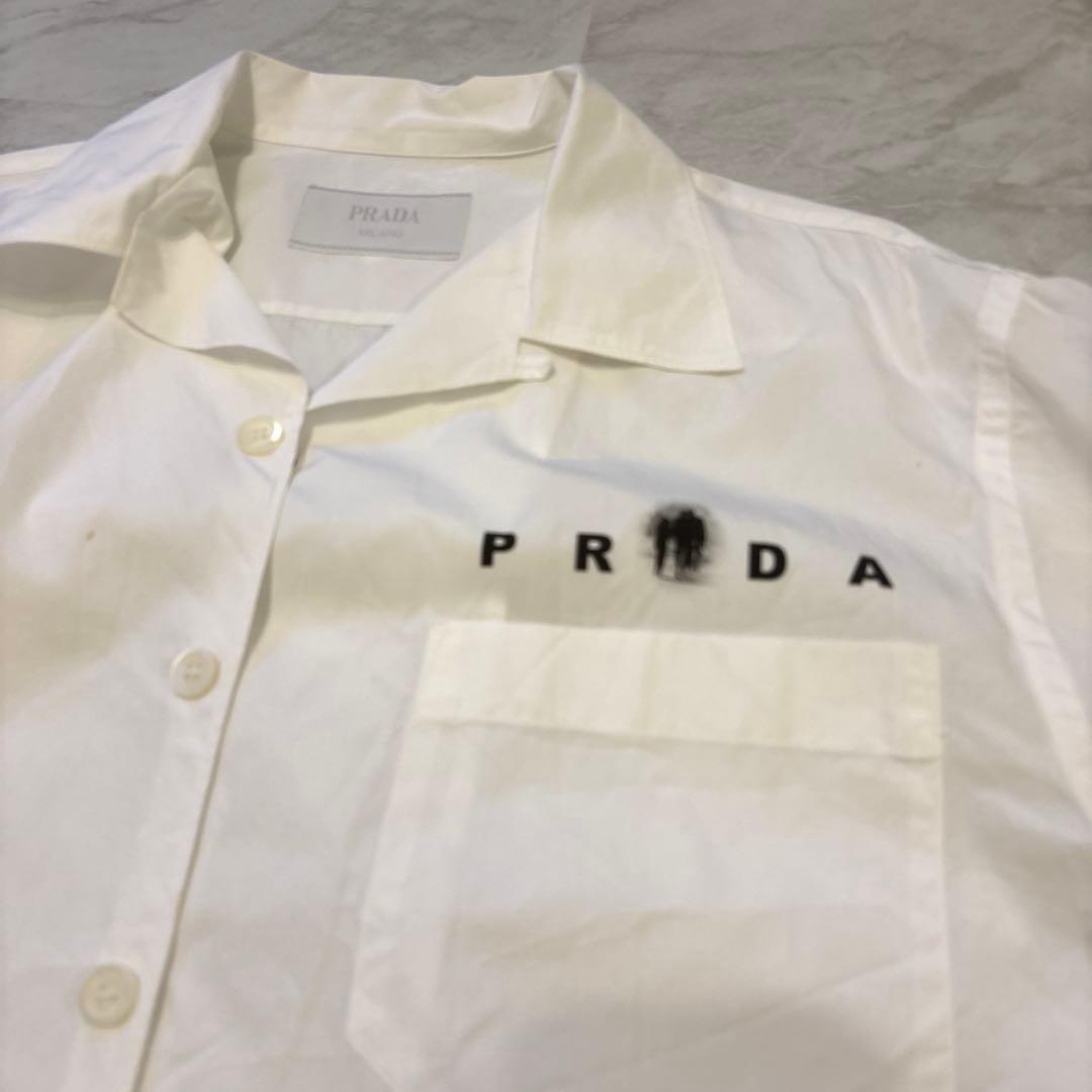 PRADA 2022ss コットン　プリントシャツ 36 白　半袖　Lサイズ