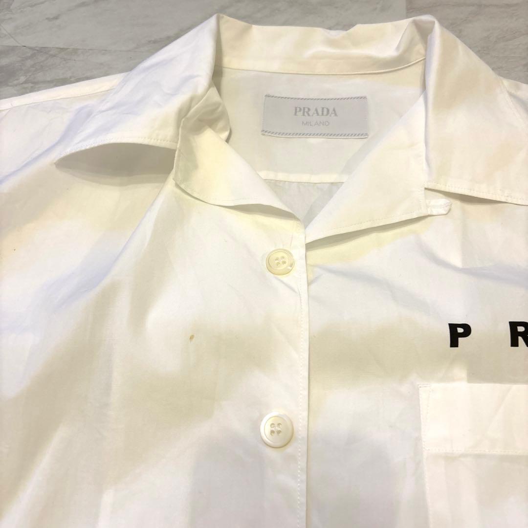 PRADA 2022ss コットン　プリントシャツ 36 白　半袖　Lサイズ