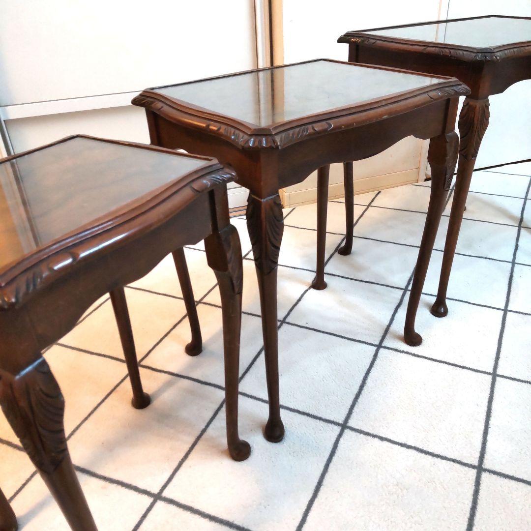 英国 Bevan Funnell ガラストップネストテーブル 猫脚 アンティーク