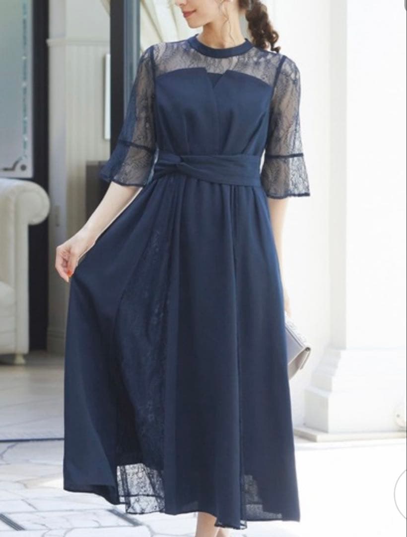 ネイビー レース ワンピース マキシ丈 美品