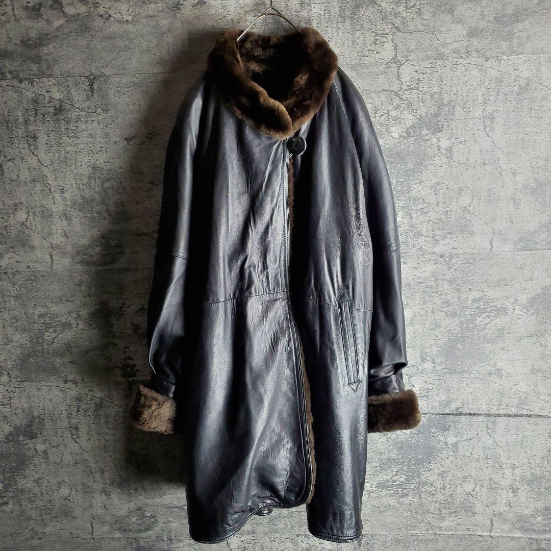 【ヴィンテージ】レザーコート 裏ボア フレア袖 ラム 本革 黒 XXL レトロ
