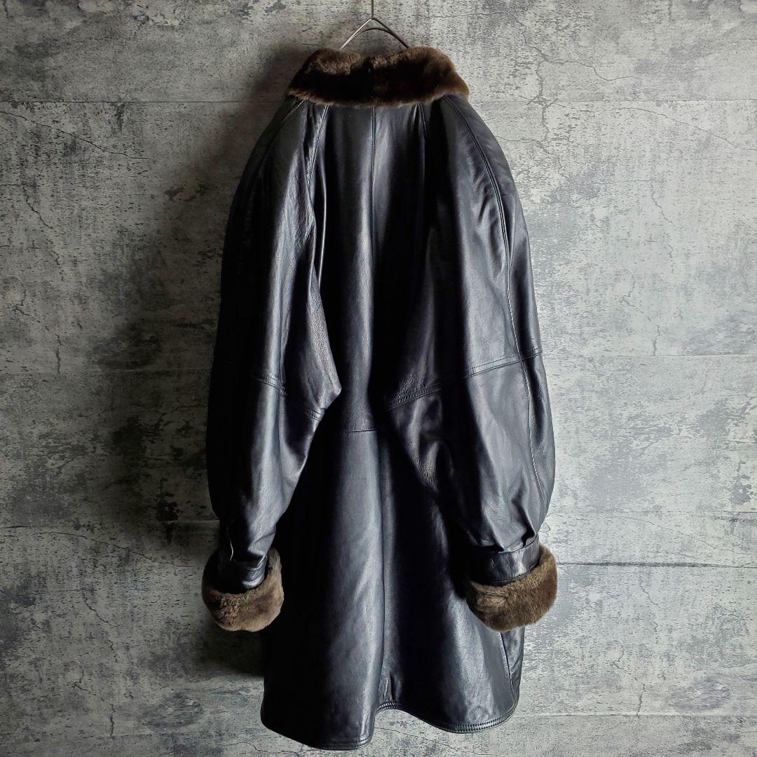 【ヴィンテージ】レザーコート 裏ボア フレア袖 ラム 本革 黒 XXL レトロ