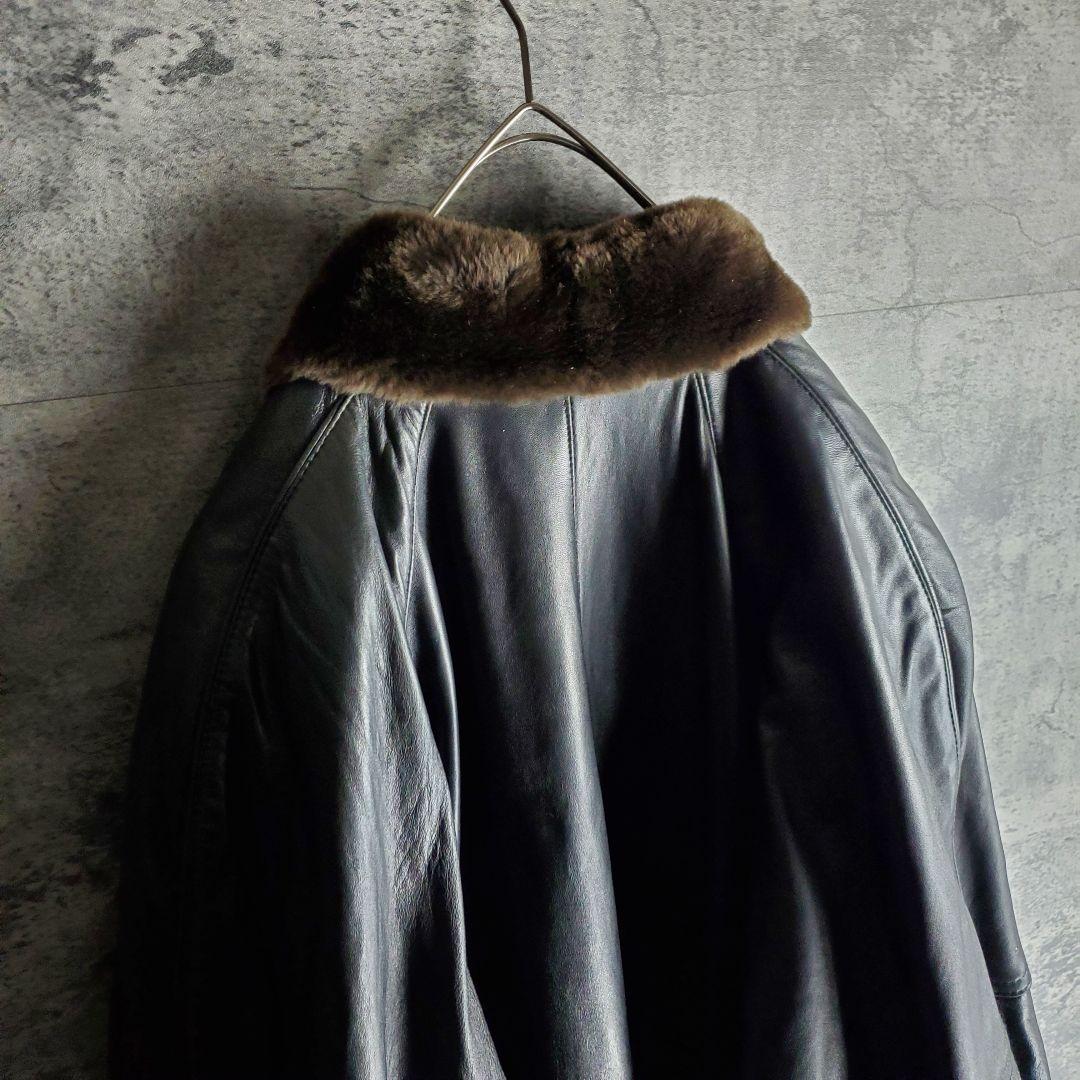 【ヴィンテージ】レザーコート 裏ボア フレア袖 ラム 本革 黒 XXL レトロ