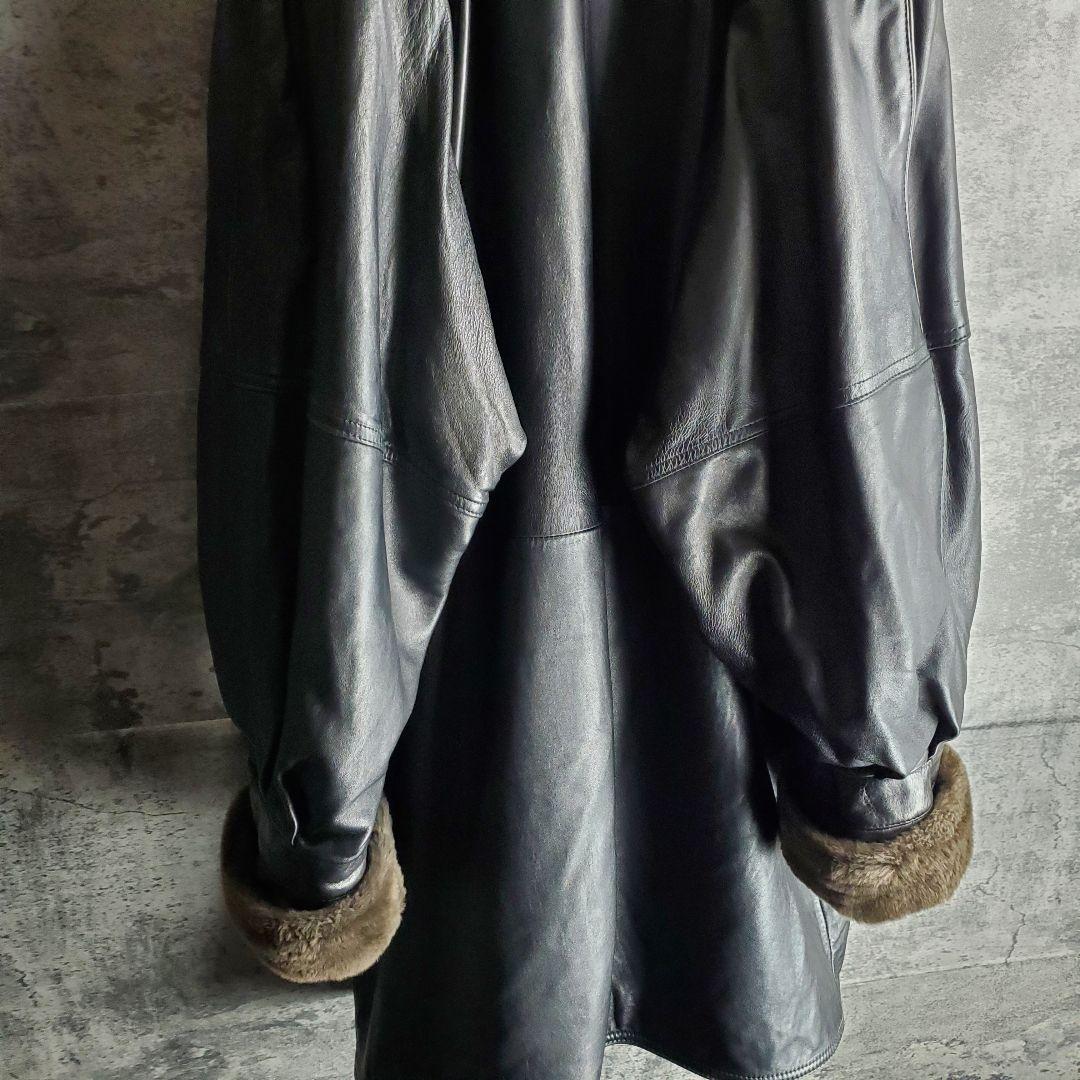 【ヴィンテージ】レザーコート 裏ボア フレア袖 ラム 本革 黒 XXL レトロ