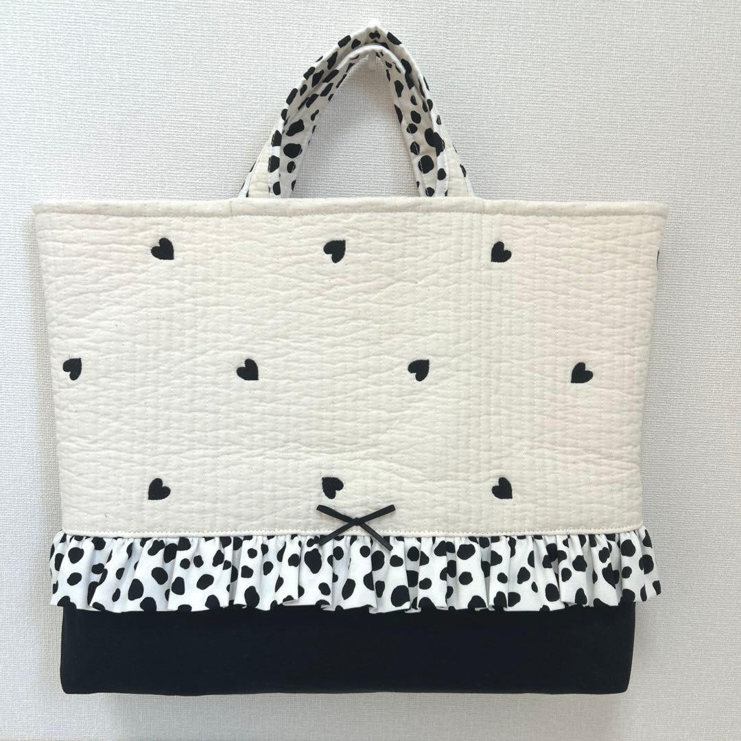 入園入学3点セット　【白地黒ハートヌビ×ダルメシアン】　女の子　レッスンバック