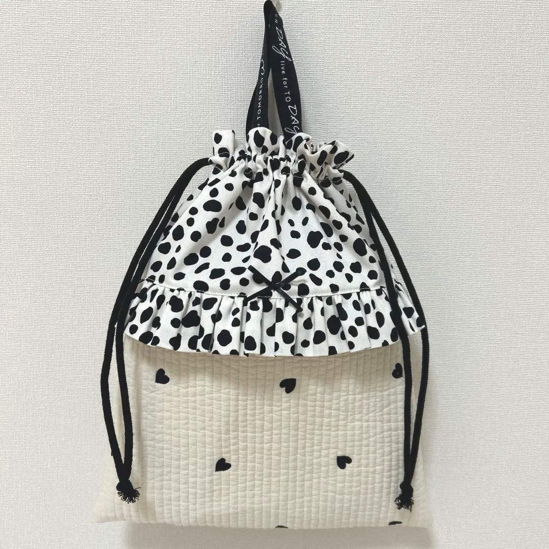 入園入学3点セット　【白地黒ハートヌビ×ダルメシアン】　女の子　レッスンバック