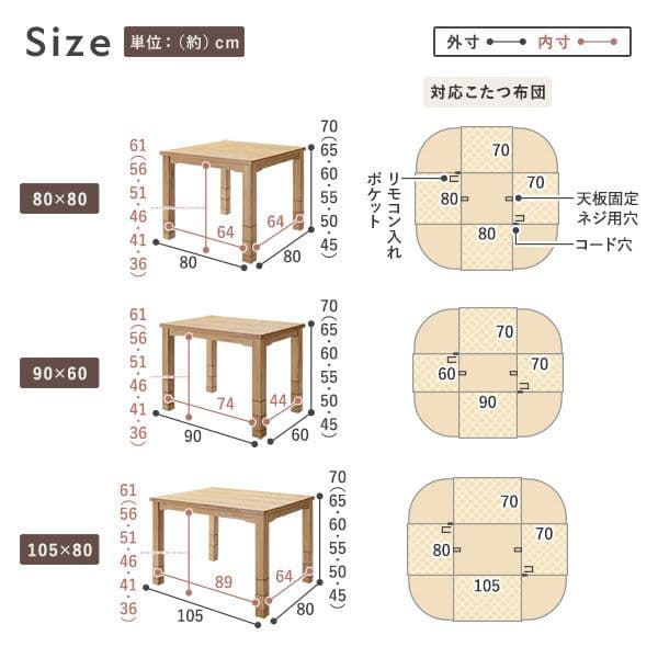 こたつ 2点セットこたつ約80×80cmダークブラウン＋こたつ掛布団グレージュ