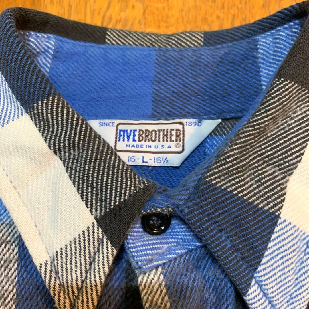 80s FIVE BROTHER チェック ネルシャツ ブラック ブルー