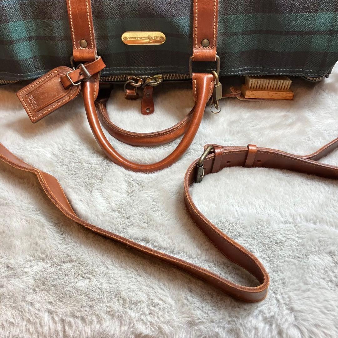 ポロラルフローレン　大容量　ボストンバッグ　チェック　レザー　PVC グリーン