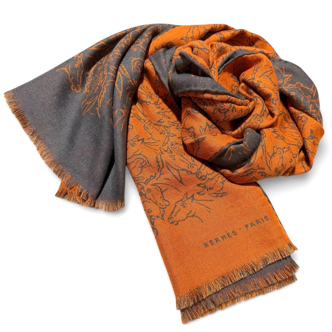 エルメス HERMES ストール　馬柄　リバーシブル　カシミヤ　シルク